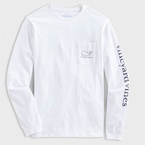 Vineyard Vines Vintage Whale Long-Sleeve Pocket Tee in White with Navy outline